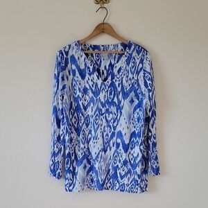 Chico's Blue White Ikat Long Sleeve Split Neck Linen Tee Size XL